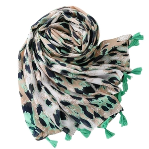 Green leopard print lightweight shawl with stylish mint green fringes for women