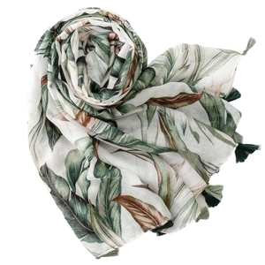 Lightweight tropical palm leaf print scarf with tassels for spring and summer fashion