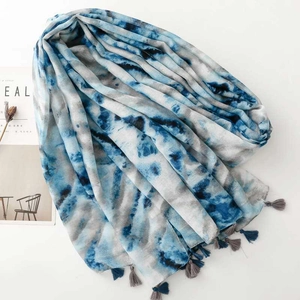Blue and white tie-dye lightweight scarf with fringe tassels and watercolor effect