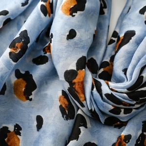 Macro shot of light blue leopard print scarf showing soft texture and weave detail