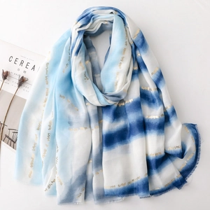 Écharpe dégradé bleu et blanc avec lignes dorées et texture coton et lin
