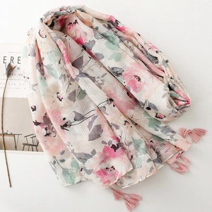 Pink floral cotton linen scarf with bamboo yarn texture and handmade fringe tassels