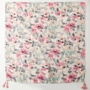 Pink floral cotton linen feel scarf with elegant tassels and bird patterns for women
