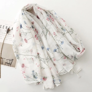 White floral scarf with tassels, lightweight chiffon shawl featuring pink and blue patterns