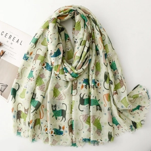 Cat paradise print satin scarf featuring cute kittens in sweaters with frayed edges
