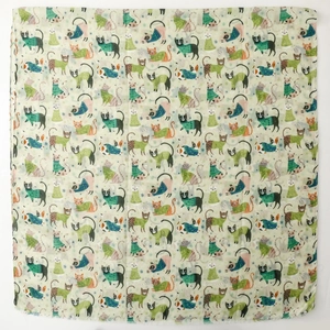 Detailed pattern of colorful cartoon cats in sweaters on soft satin cotton scarf