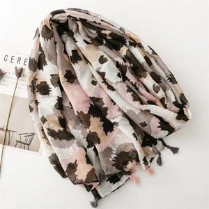 Abstract leopard print scarf with colorful tassel edges for women in lightweight fabric