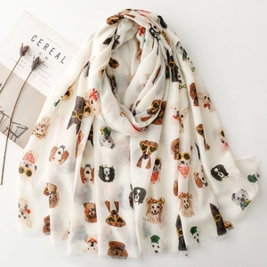 Cartoon Dog Print Scarf Sunglasses Puppy Pattern Lightweight Sun Protection Shawl Tassel Fringe Polyester Breathable Wrap