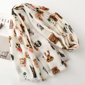 Detail of white scarf with cute cartoon dog prints wearing sunglasses and hats