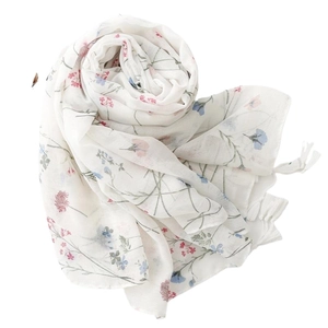 Lightweight white floral scarf with pink and blue flower prints for spring and summer