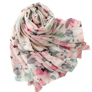 Pink vintage floral cotton-linen scarf with ink patterns and tassel edges for women