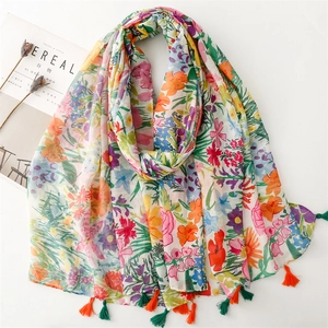 Floral Leopard Print Voile Scarf Shawl Polyester Lightweight Tassel Sun Protection Wrap Travel Beach Accessory For Women