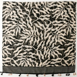 Floral print linen scarf with tassels and abstract leaf pattern for women in black and white