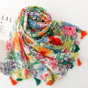 Lightweight Bali yarn scarf with vibrant floral print and tassels for summer