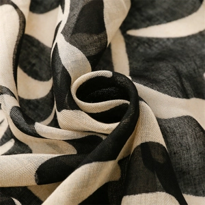 Black and beige wave print cotton linen scarf with soft fringe tassels for women