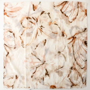 Detailed view of lightweight silk scarf featuring vintage butterfly and floral ink prints