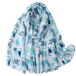 Light blue long scarf with cute cat paradise print and winter sweater patterns