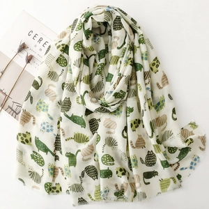 Long cotton scarf with cute cartoon cat paradise print and delicate fringe edges