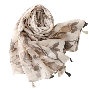 Linen feel floral scarf shawl in soft beige with fringe tassels and vintage patterns