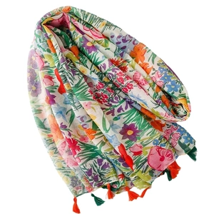 Lightweight Bali yarn floral scarf featuring colorful botanical prints and fringe tassels