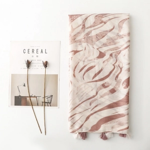 Elegant zebra stripe cotton linen scarf with tassels on minimalist white background