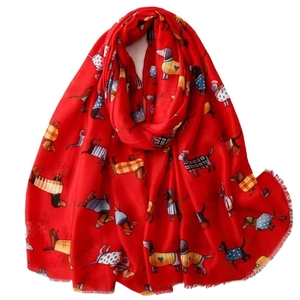 Red cotton long scarf with dachshund print and fringed edges for women