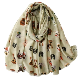 Light green scarf with cartoon dogs print and raw edges for outdoor sun protection