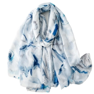 Blue and white ink wash floral print scarf with soft fringe details for women