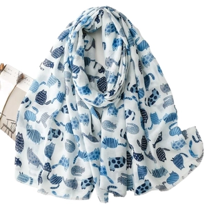 Lightweight white long scarf with blue cat prints and frayed tassel edges for women