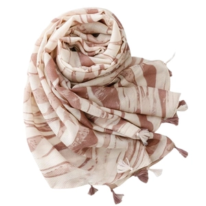 Elegant cream and burgundy wavy print scarf with tassel edges on white background