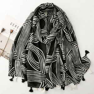 Minimalist Geometric Scarf Long Tassel Shawl Polyester Cotton Linen Feel Wrap For Women Elegant Soft Neck Kerchief