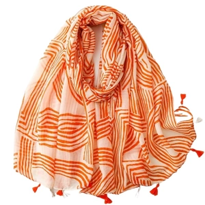 Elegant orange and beige linen-feel scarf with geometric wave patterns and soft tassels
