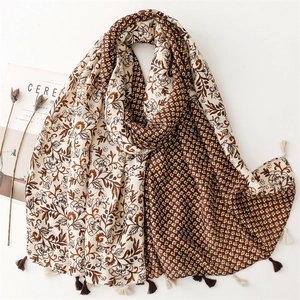 Vintage Floral Print Satin Scarf For Women Large Shawl Wrap With Tassel Lightweight Winter Warm Scarf Travel Sunshade Pashmina