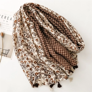 Thick soft floral cotton scarf with handmade tassels for autumn winter fashion wrap