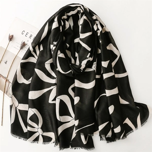 Elegant Women Scarf Shawl Polyester Cotton Linen Feel Abstract Bow Print Raw Edge Fringes Lightweight Sun Protection