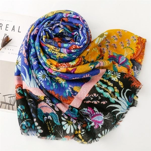 Ethnic floral cotton linen shawl in autumn colors with tassels and retro grid patterns
