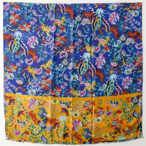 Vintage cotton linen feel scarf with retro floral grid pattern in navy and yellow