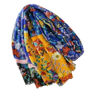Ethnic retro floral cotton-linen scarf featuring bold blue and yellow peacock patterns