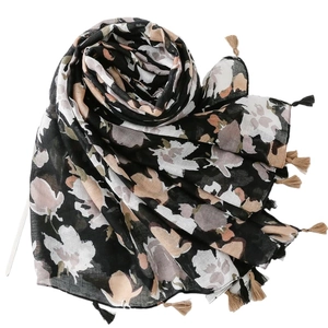Black cotton-linen scarf with rose floral prints and tassel pendant accessories