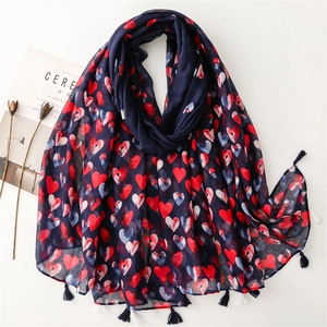 Women's Heart Printed Scarf Tassel Lightweight Sunshade Shawl Cotton Feel Soft Wrap Navy Blue Elegant Beach Accessories For Daily Travel Fashion Scarf
