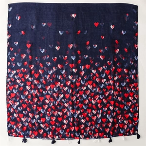 Dark blue cotton feel scarf with heart patterns and tassel edges for sun protection