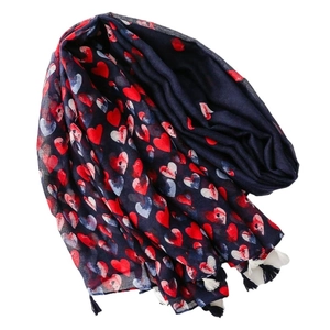 Navy blue cotton-feel scarf with red heart prints and decorative fringed edges