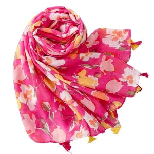 Écharpe légère en coton et lin avec imprimé floral de pensées et glands colorés pour femmes
