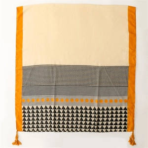 Bohemian cotton-linen scarf with geometric triangles, dots, and orange tassel trim