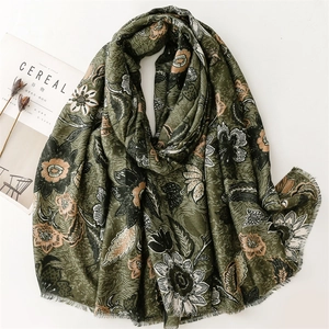 Vintage floral linen scarf in dark olive green with peony prints and fringe detail