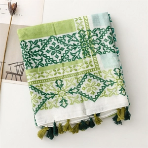 Detailed view of green geometric pattern on scarf with hand-knotted gradient tassels