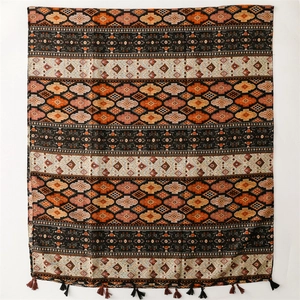 Bohemian geometric pattern scarf with tassels in caramel and dark brown linen feel