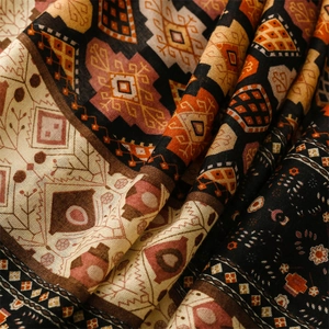 Macro detail of Bohemian geometric pattern on soft cotton-linen touch scarf fabric