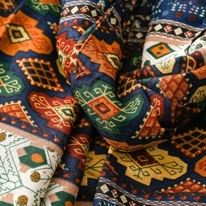 Macro detail of Bohemian geometric pattern on soft cotton-linen touch scarf fabric
