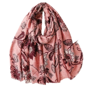 Vintage floral linen-feel long scarf with pink peony print and frayed edges for women